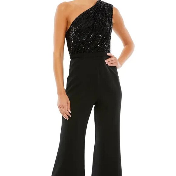 Mac Duggal Black One-Shoulder Sequin Jumpsuit - Picture 1 of 7